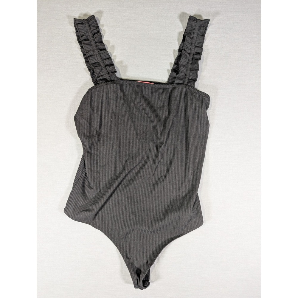 Simply Southern Black Ribbed Ruffle Strap Bodice Thong Bodysuit Size Large